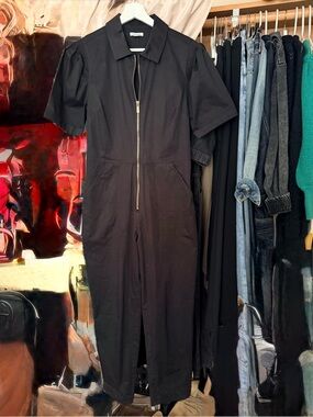 WeWoreWhat Black Short-Sleeve Zip Front Jumpsuit